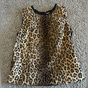 MILLY Faux Fur Animal Print Sleeveless Top Lamb Leather Trim Knit Back Size 8